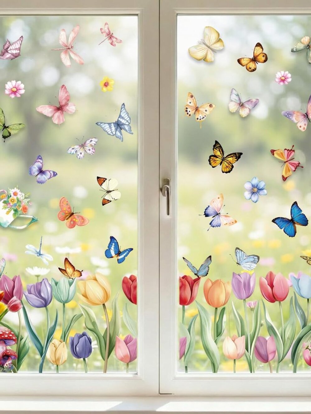 9 Sheets Spring Window Clings Decor, Tulip Floral Butterfly Window Stickers